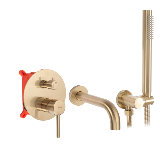 Змішувач для ванни і душу REA LUNGO BRUSHED GOLD + BOX прихованого монтажу