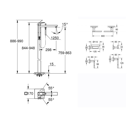 Комплект Grohe смеситель для ванны Eurocube 23672001 + набор аксессуаров Essentials Cube 40758001