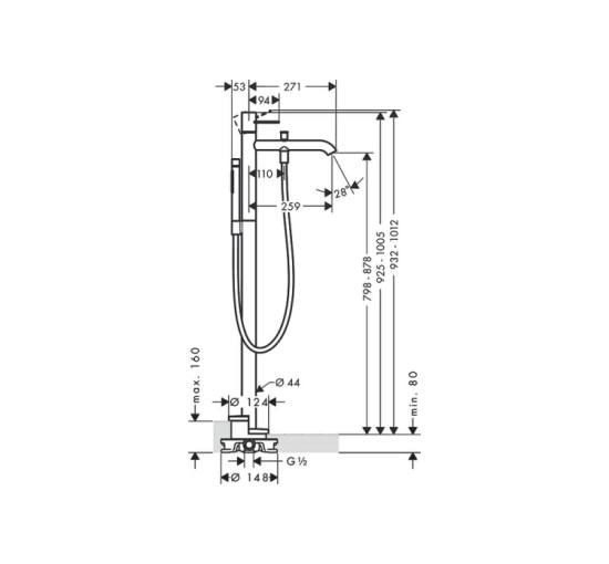 Змішувач Axor Uno для ванни підлоговий з ручкою Loop, Brushed Brass 38442950