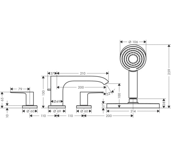 Змішувач Hansgrohe Vivenis врізний на край ванни на 4 отвори з sBox Matt Black (75444670)