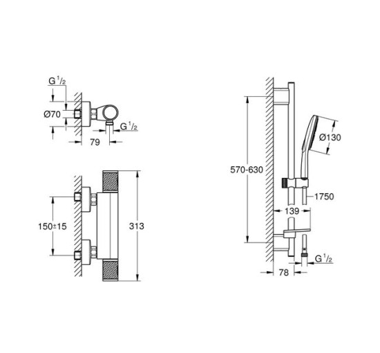 Смеситель для душа с термостатом GROHE QuickFix Precision Feel хром латунь с душевым набором UA202908T2