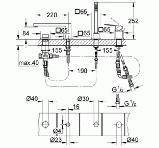 Смеситель для ванны на 4 отверстия Grohe Eurocube (19897000)