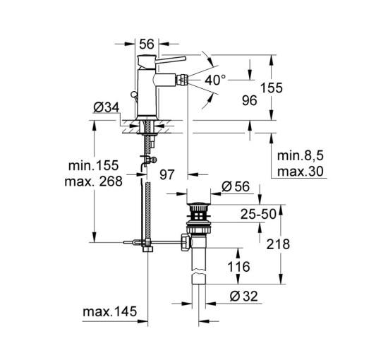 Змішувач для біде Grohe BauClassic 32864000 з донним клапаном