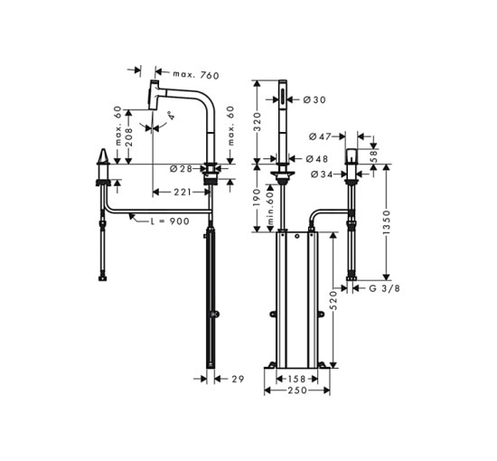 Смеситель Hansgrohe Metris Select 200 кухонный с вытяжным изливом 2Jet на 2 отверстия Sbox Matt Black (73818670)