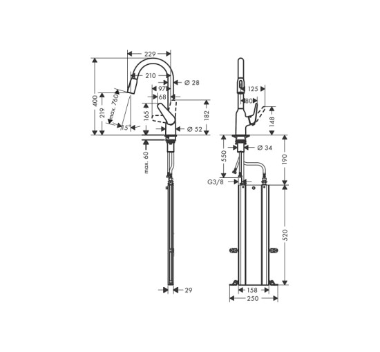 Змішувач Hansgrohe M42-H220 для кухні 2Jet з висувним виливом Sbox Chrome (71820000)