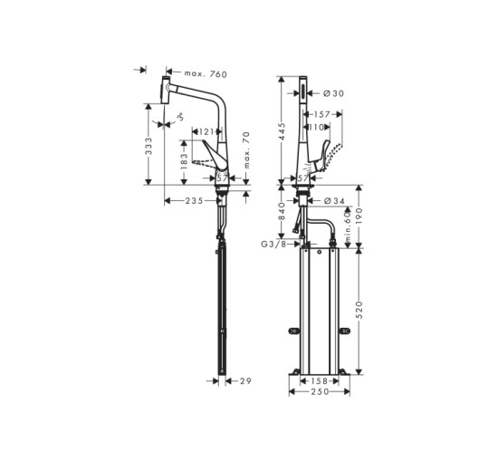 Смеситель Hansgrohe Metris Select 320 2jet кухонный с вытяжным изливом Sbox (73816800) Stainless Steel