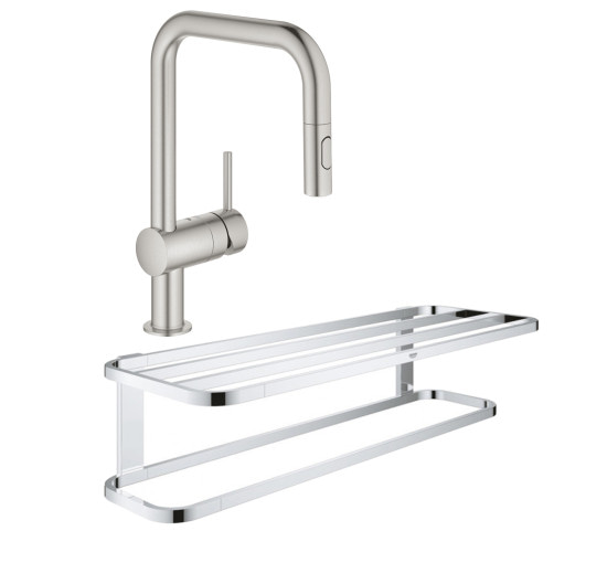 Набір Grohe змішувач для кухні з висувним виливом Minta 32322DC2 + полиця для рушників Selection 41066000