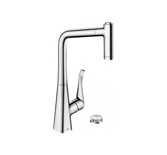 Смеситель Hansgrohe Metris Select 320 2jet кухонный на 2 отверстия с вытяжным изливом Sbox Chrome (73806000)
