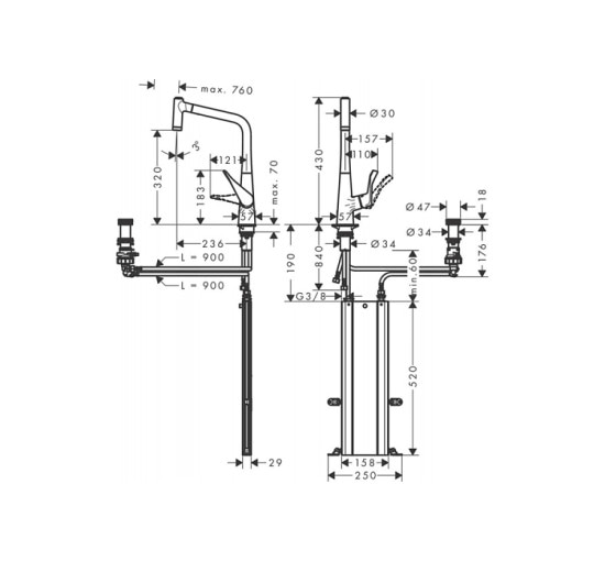 Смеситель Hansgrohe Metris Select 320 2jet кухонный на 2 отверстия с вытяжным изливом Sbox Chrome (73806000)