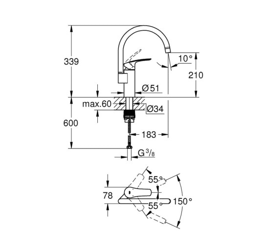 Смеситель для кухни однорычажный GROHE Eurosmart New хром латунь 33202003