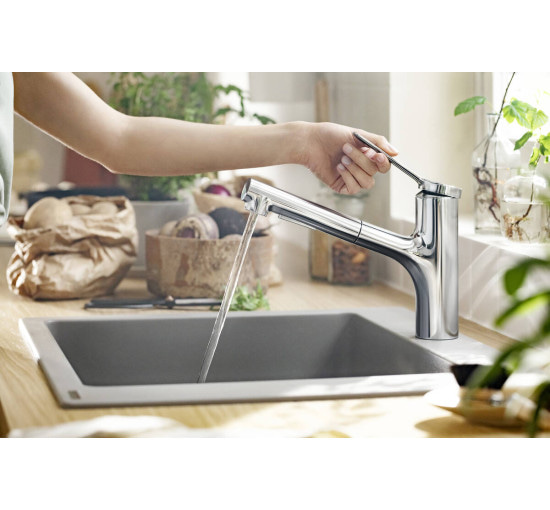 Змішувач hansgrohe Zesis M33 sBox з висувним зливом для кухонної мийки, хром 74821000