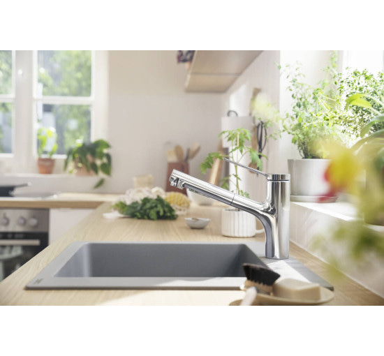 Смеситель hansgrohe Zesis M33 sBox с выдвижным сливом для кухонной мойки, хром 74821000