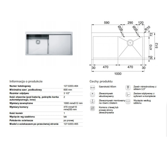 Кухонная мойка Franke PLANAR PPX 211 TL 1000x512 крыло справа (127.0203.464)