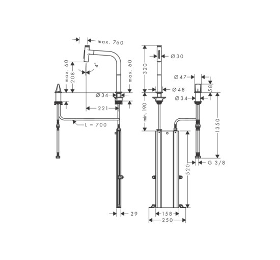 Смеситель Hansgrohe Metris Select 200 кухонный с вытяжным изливом 2Jet на 2 отверстия Sbox Steel Finis (73818800)