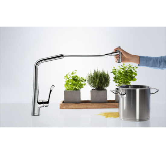 Змішувач Hansgrohe Metris Select 320 2jet кухонний з витяжним виливом (73820000)