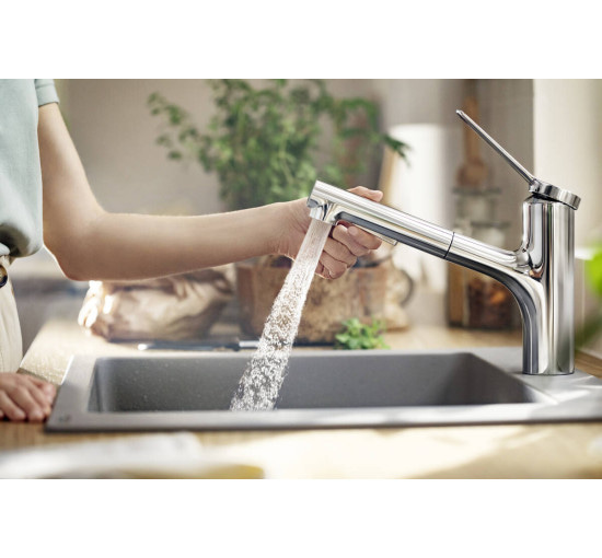 Смеситель hansgrohe Zesis M33 с выдвижным сливом для кухонной мойки, хром 74820000