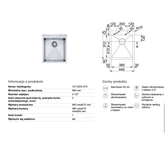 Кухонная мойка Franke PLANAR PPX 210-44 TL 440x512 (127.0203.470)