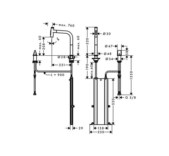 Змішувач Hansgrohe Metris Select 200 кухонний з витяжним виливом 2Jet на 2 отвори Sbox (73818000)