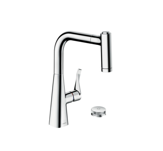 Змішувач Hansgrohe Metris Select 220 2jet кухонний на 2 отвори з витяжним виливом Sbox , Chrome (73805000)