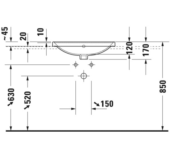 Умывальник встроенный Duravit D-NEO сверху 60х44 см с отверстием под смеситель (0357600027)