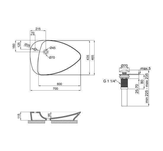 Раковина-чаша Qtap Leo 695х460х115 Matt black з донним клапаном QT1111A089TMB