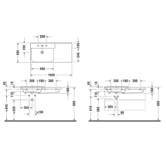 Умивальник меблевий асиметричний Duravit P3 COMFORTS 105х49.5 см чаша ліворуч (2333100000)