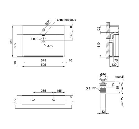 Раковина Qtap Nando LT 600х420х120 Matt black з донним клапаном QT12112173MBMB