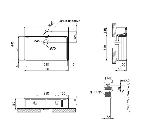 Раковина Qtap Crow 600х450х150 White с донным клапаном QT0511WL032W