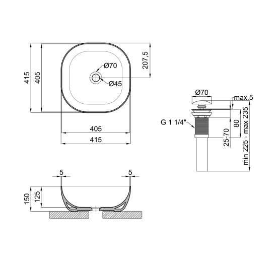 Раковина-чаша Qtap Kolibri 410x410x150 Matt black з донним клапаном QT10112144MBMB