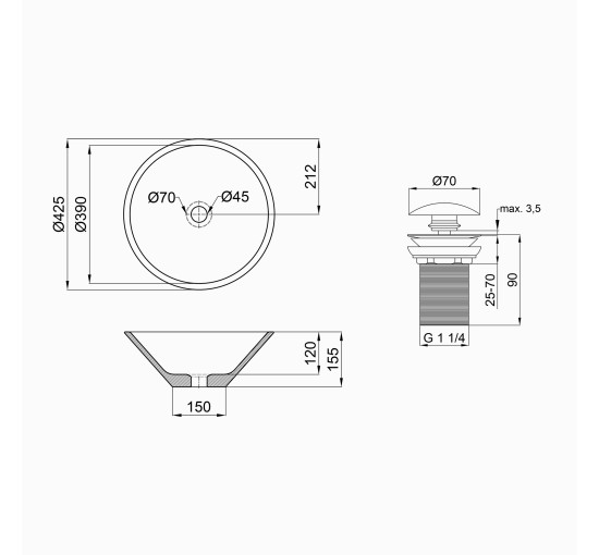 Раковина-чаша Qtap Amazon 425х425х155 White с донным клапаном QT0211K70W