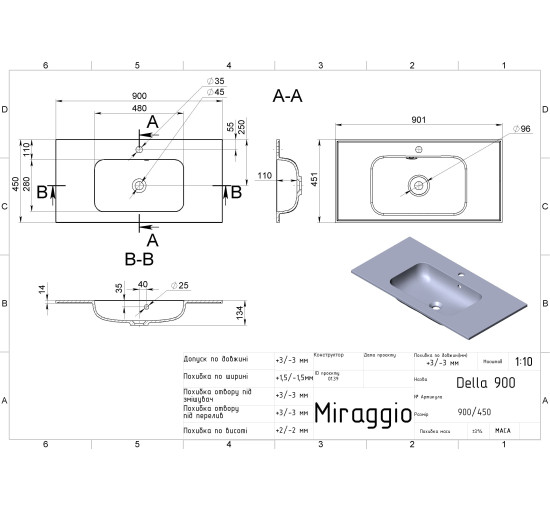 Умивальник Miraggio DELLA 900 MIRASTONE BLACK