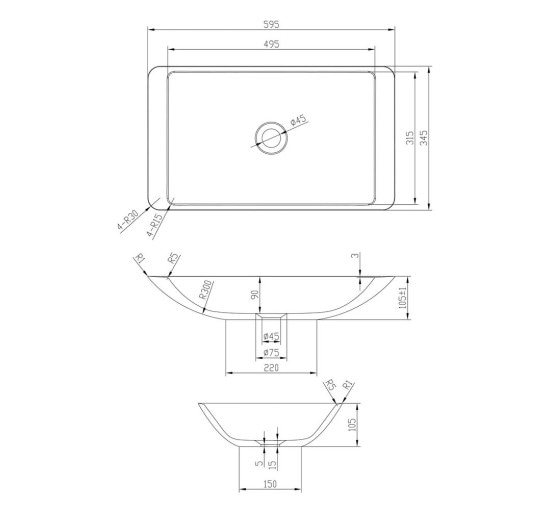 Раковина чаша накладная на столешницу для ванной 595мм x 345мм VOLLE Solid surface белый прямоугольная 13-40-859