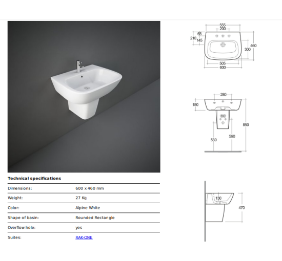 Раковина подвесная RAK Ceramics ONE белая 60см EL0101AWHA