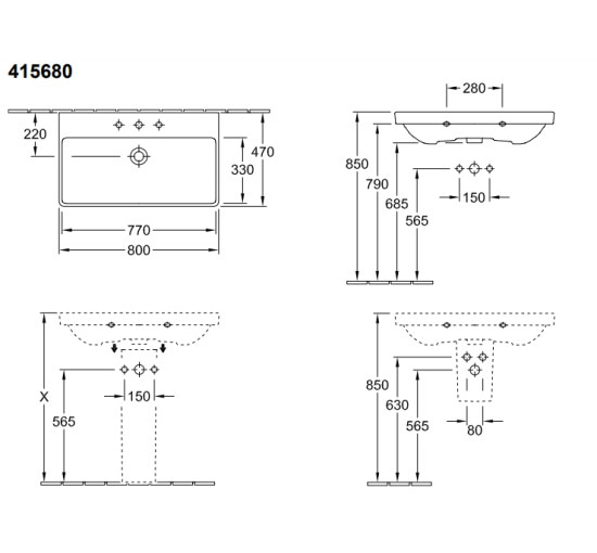 Умывальник Villeroy&Boch AVENTO 800х470 с отверстием (41568001)