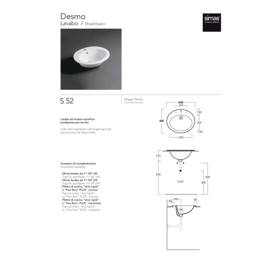 Умивальник SIMAS S 52 Desmo (S52) Glossy white