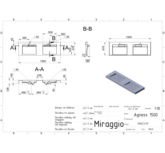 Умывальник Miraggio AGNESS 1500 MATT