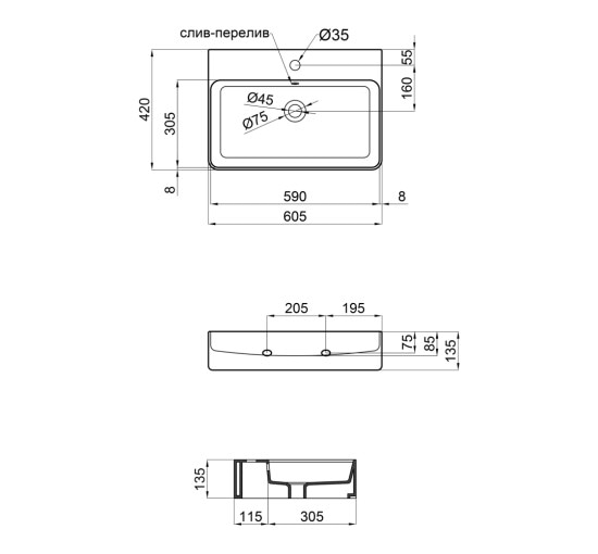 Раковина Qtap Nando 600х420х130 Matt black с донным клапаном QT1211K4041MB