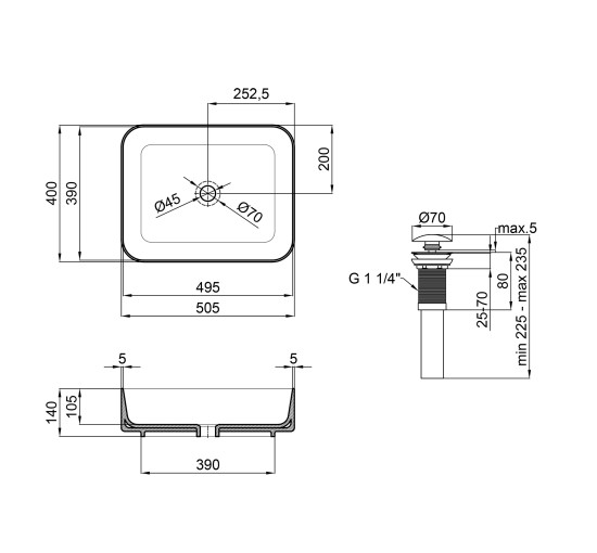 Раковина-чаша Qtap Tern 500x390x140 Matt black з донним клапаном QT172195MBMB