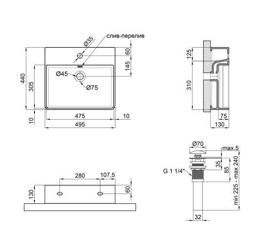 Раковина Qtap Nando LT 500х420х120 Matt black с донным клапаном QT12112173SMBMB