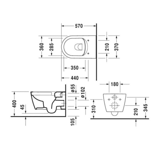 Унитаз подвесной Duravit ME by Starck Rimless 57х37 см с креплением (2529090000)