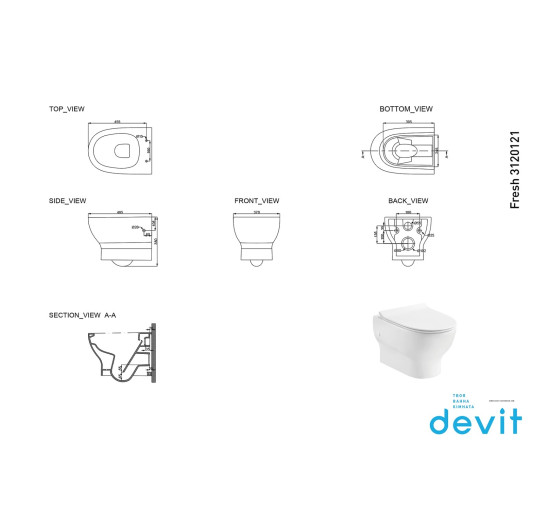 Подвесной унитаз DEVIT Fresh 3120121 безобедочный + крышка тонкая soft-close, quickfix
