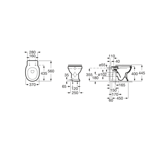 Чаша унитаза 56 * 37см Roca CARMEN Rimless под скрытый бачок, выпуск универсальный, монтируется на полу (A3440A9000)