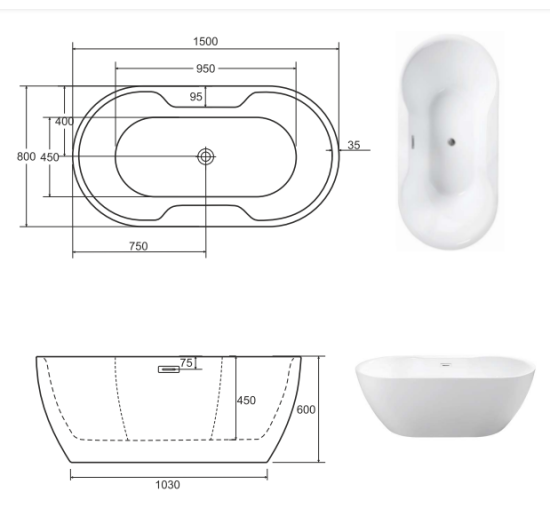 Ванна Besco Navia 150 150x80 с сифоном и переливом хром.