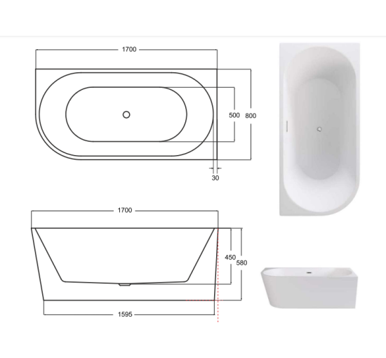 Ванна Besco Zoya 170 правая 170x80 с сифоном и переливом хром.