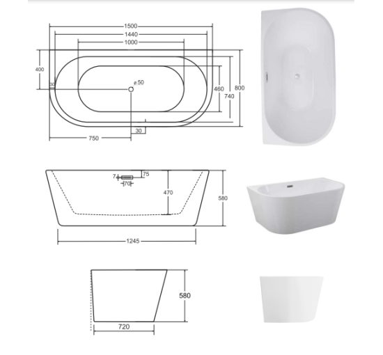 Ванна Besco Vica 150 150x80 з сифоном і переливом хром
