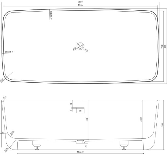 Ванна отдельностоящая литой камень Volle Solid surface 1680x800x530 с переливом и донным клапаном (12-40-034)