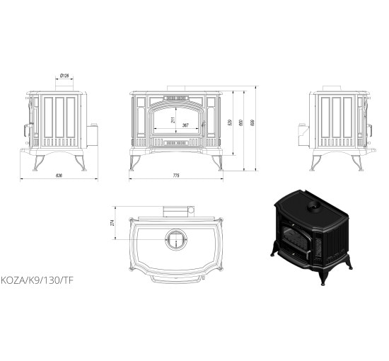 Чугунная печь Kratki KOZA K9 Ø 130 TURBOFAN