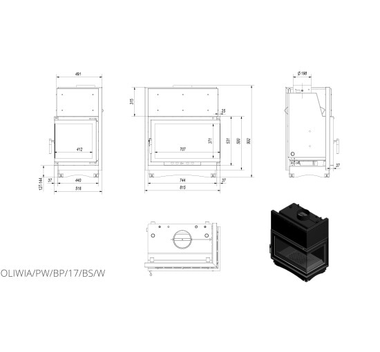 Каминная топка Kratki OLIWIA PW 17 правая BS (17,0 кВт)