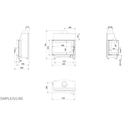 Каминная топка Kratki SIMPLE S левая BS (6,0 кВт)