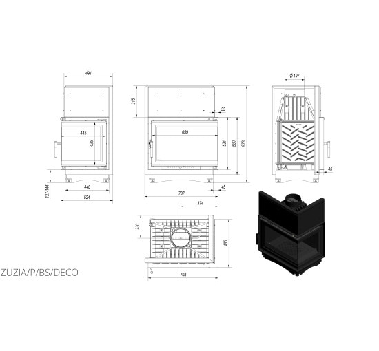 Каминная топка Kratki ZUZIA 16 правая BS DECO (16,0 кВт)